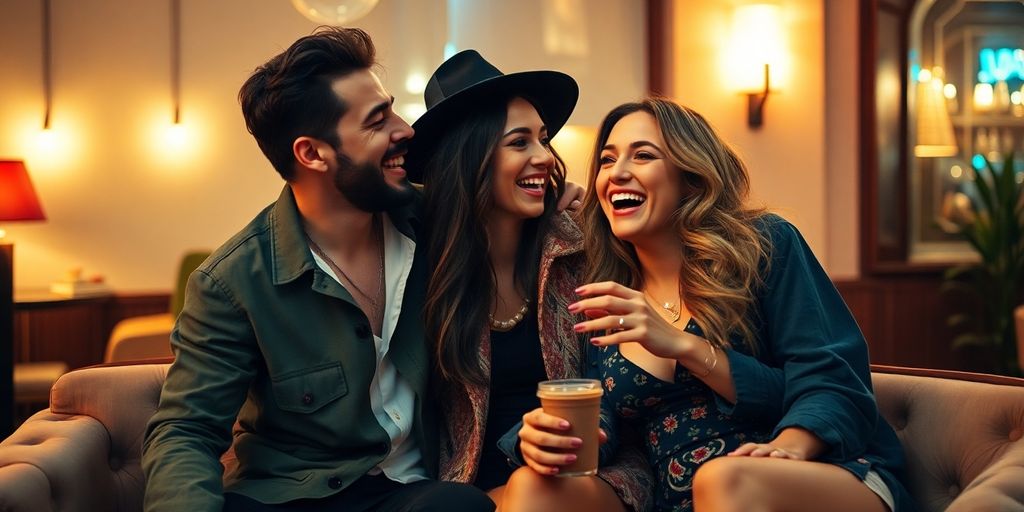 Three people enjoying a playful moment in a cozy setting