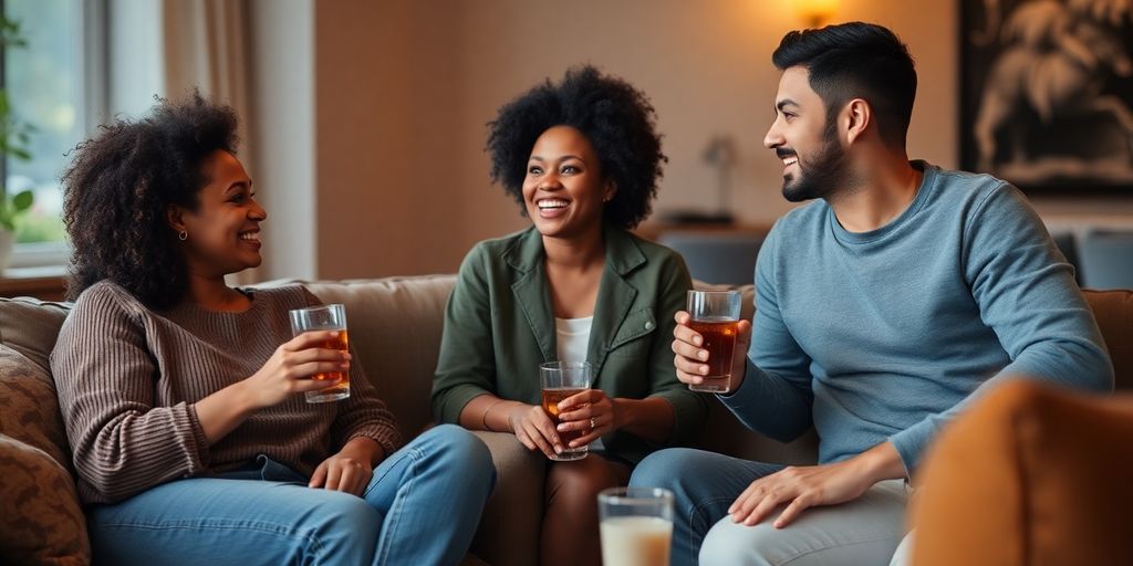 Three people enjoying drinks in a cozy setting