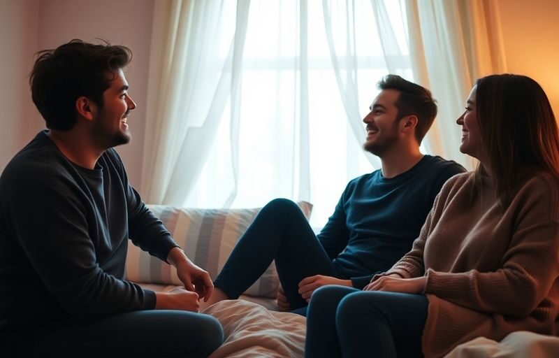 Three people in a cozy bedroom enjoying a fun moment