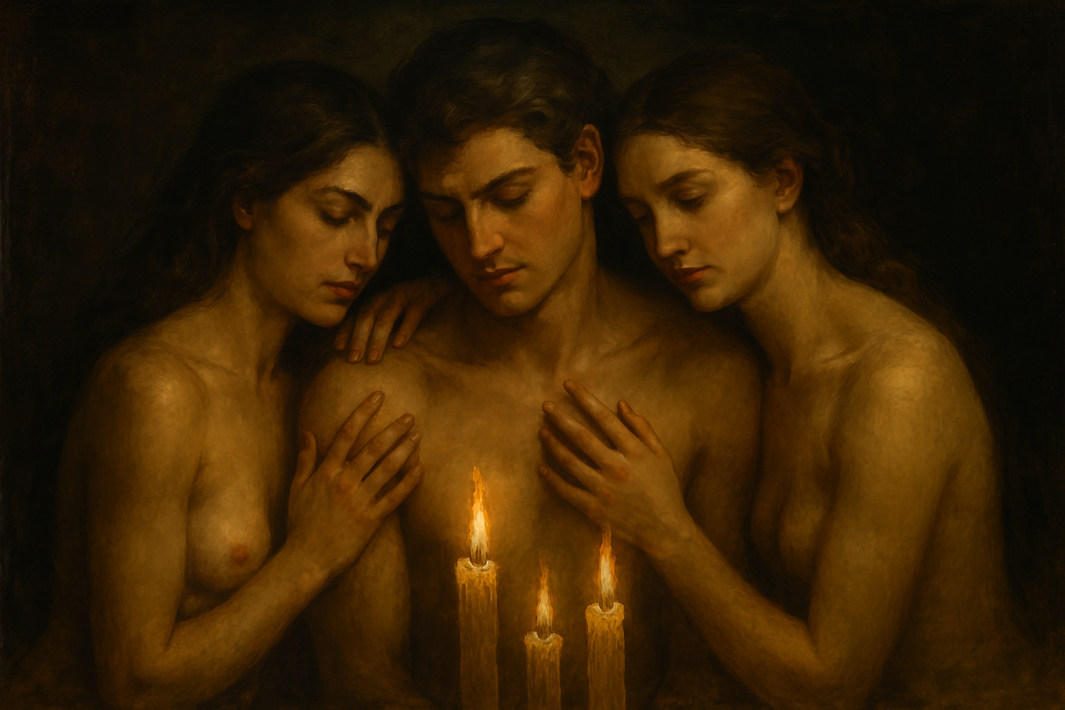 Three people in a romantic embrace under soft candlelight