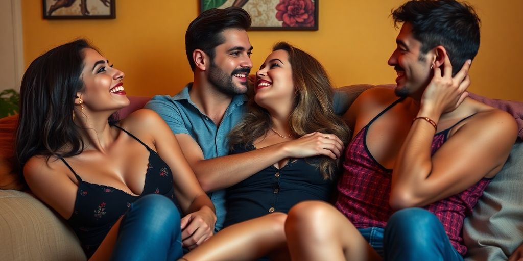 Three people in an intimate and playful setting