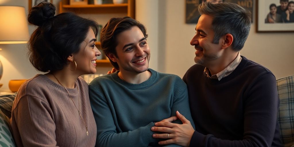 Three people interacting intimately in a cozy setting