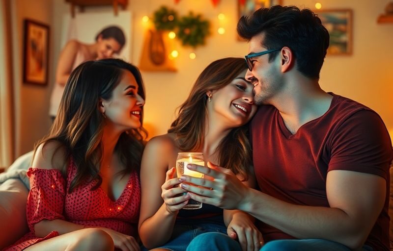 Three people sharing an intimate moment in a cozy setting