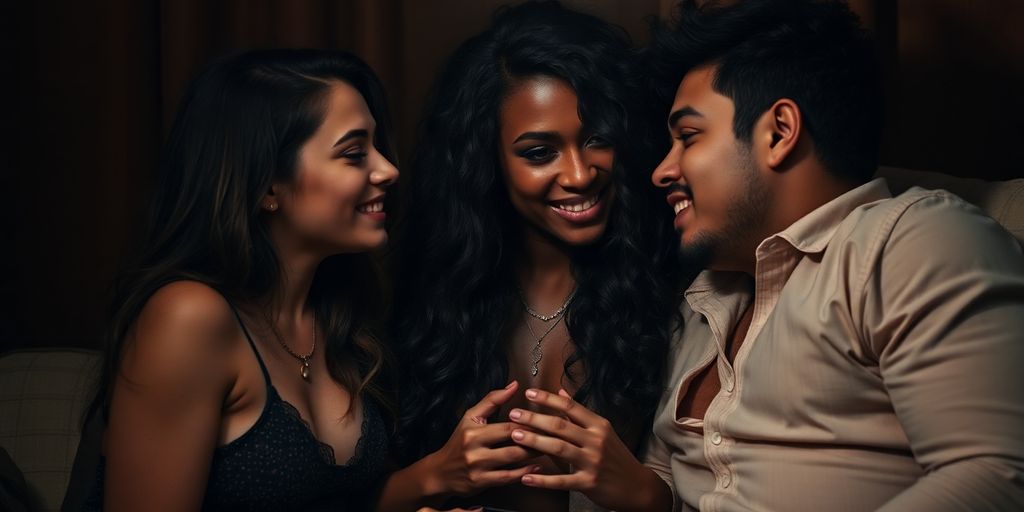 Three people sharing an intimate moment in soft lighting