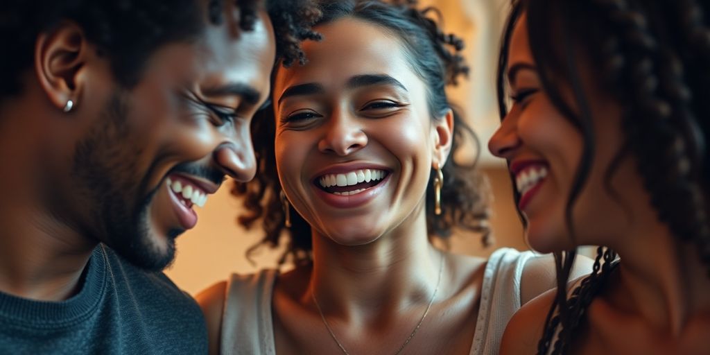 Three people smiling together in an intimate setting