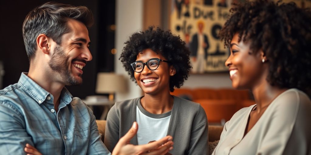 Three people talking in a cozy, intimate setting