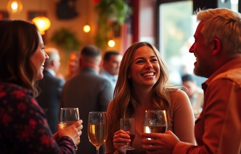 Two couples chatting and laughing in a cozy setting.