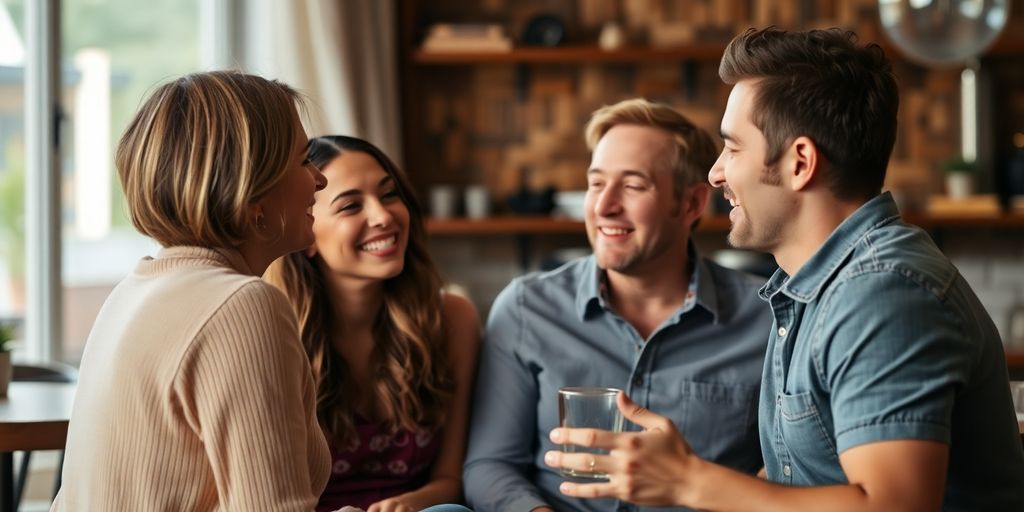 Two couples discussing compatibility and connection for threesomes