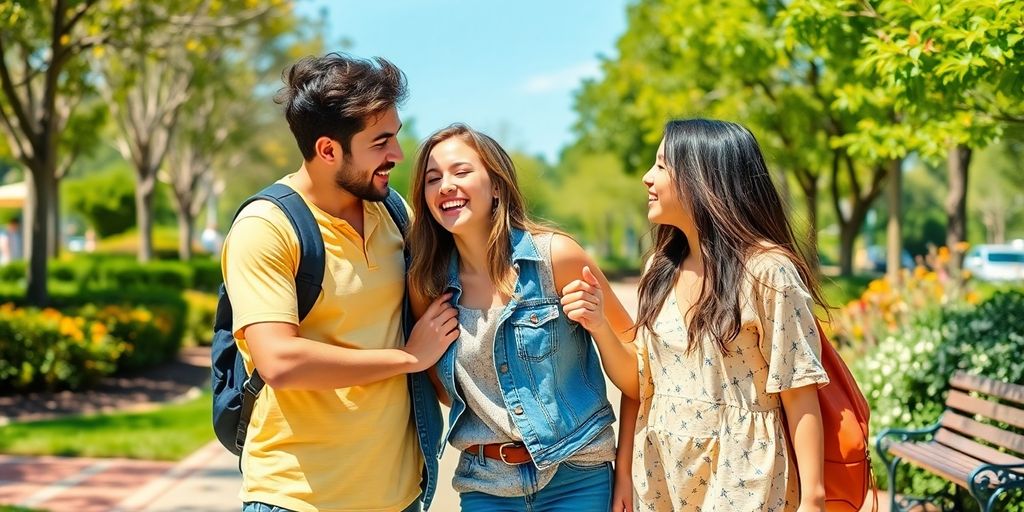 Two couples enjoying a fun and playful interaction outdoors