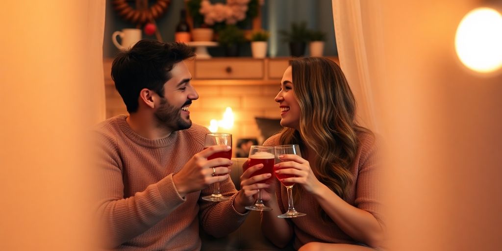 Two couples enjoying drinks in a cozy, intimate setting