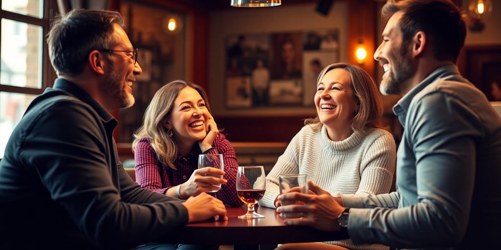 Two couples enjoying time together at a cozy café