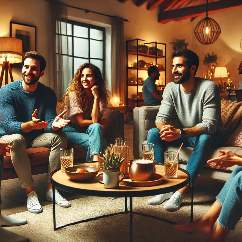 Two couples in a lively conversation about relationships