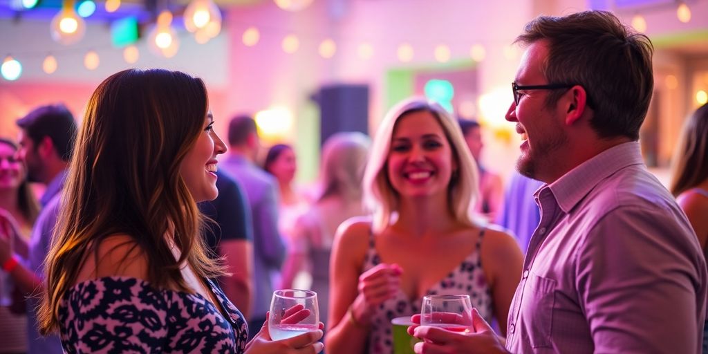 Two couples interacting at a lively social event