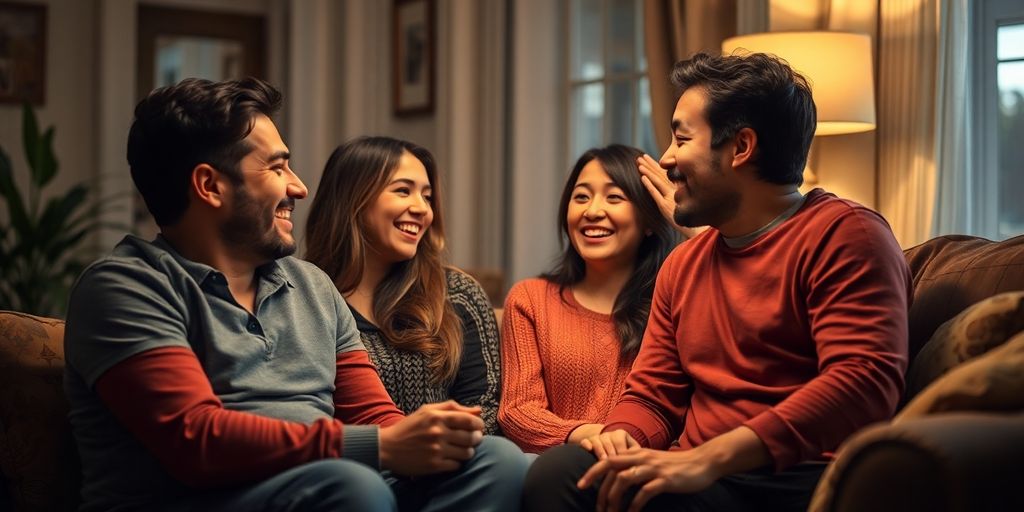 Two couples interacting in a cozy living room setting