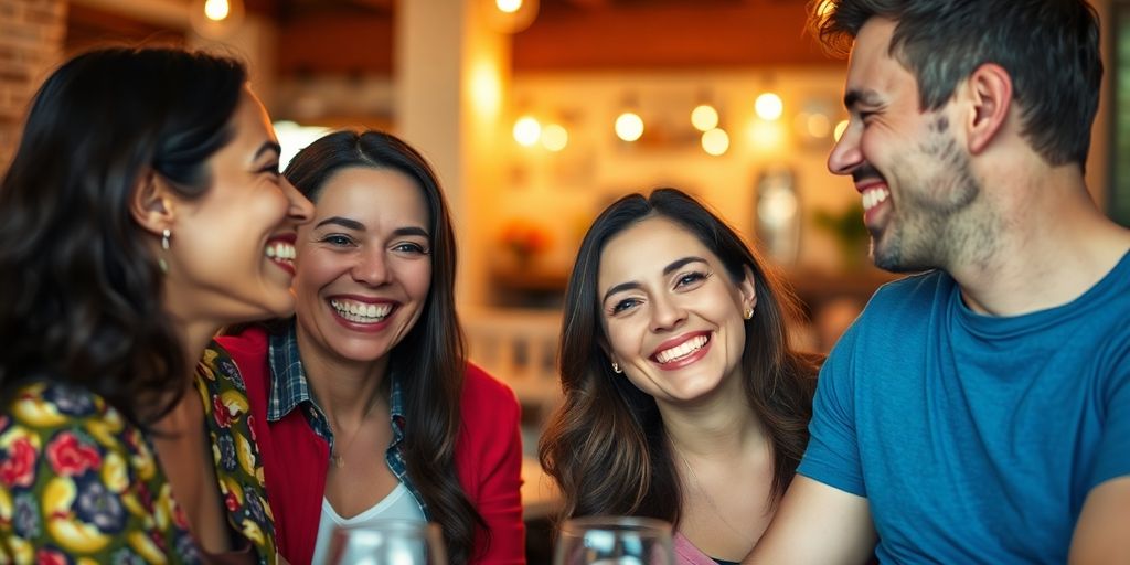 Two couples laughing together in a cozy setting