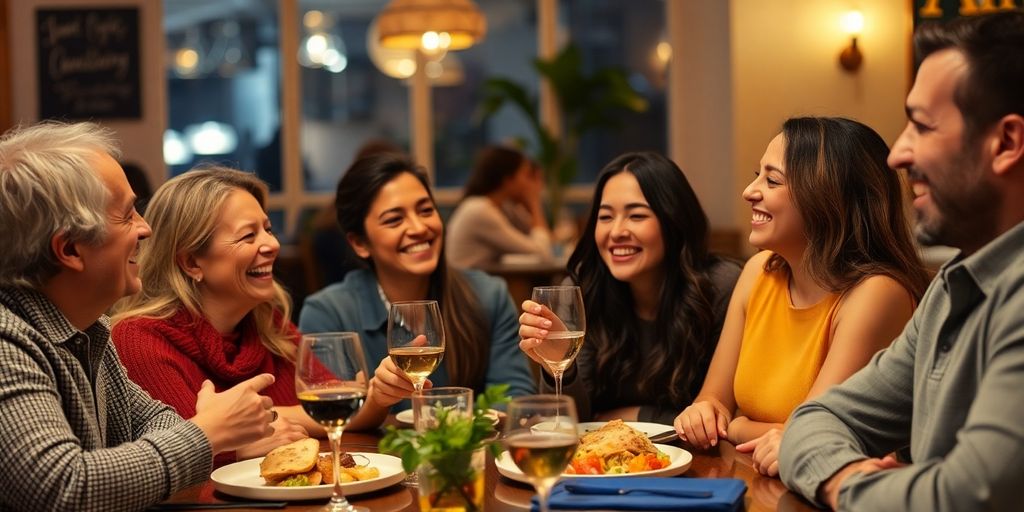 Two couples sharing a meal and laughing together