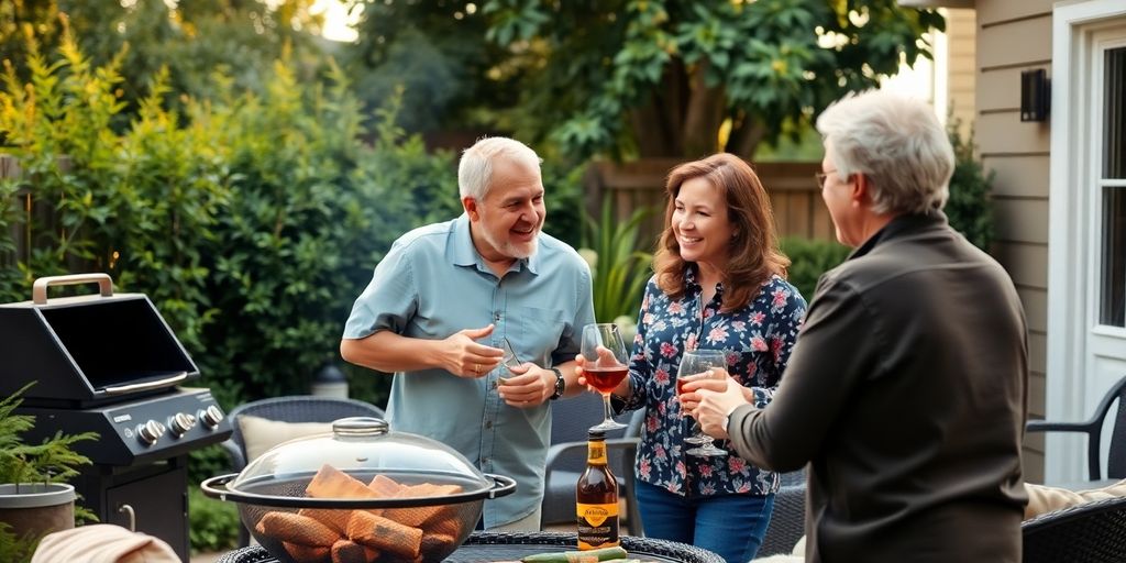 Two couples talking at a backyard barbecue
