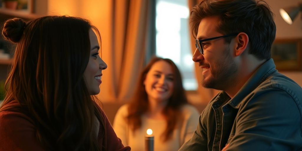 Two friends talking with a woman smiling in background