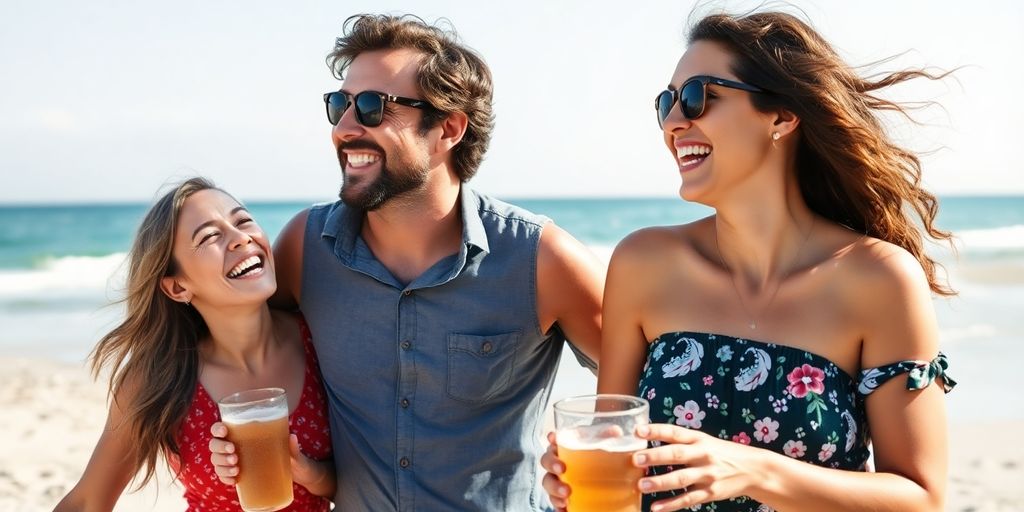 Two happy couples enjoying a sunny day at the beach