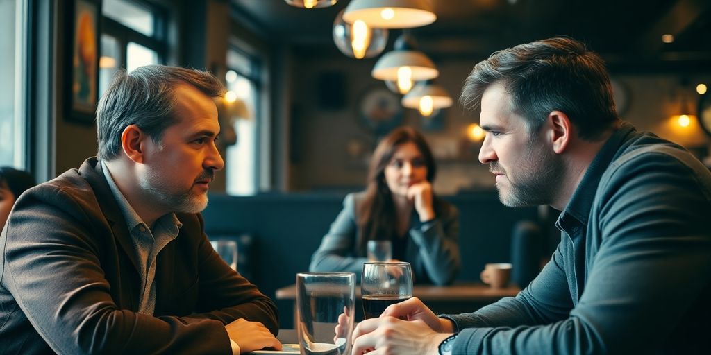Two men conversing intensely with a woman observing nearby