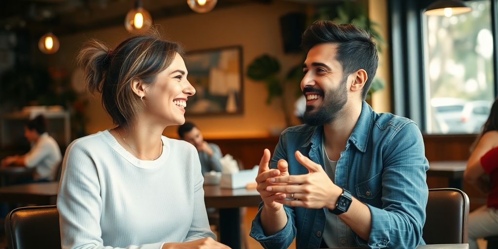 Two people chatting happily in a caf&eacute;