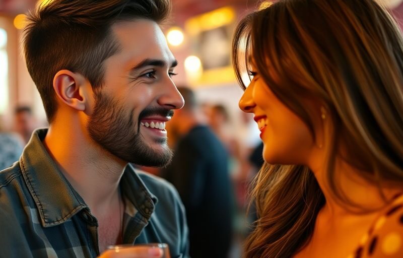 Two people flirting in a vibrant social setting