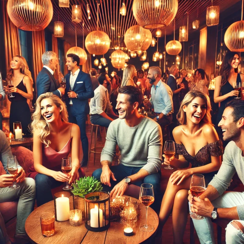 a vibrant and welcoming social gathering where real-life swingers are enjoying conversations and laughter