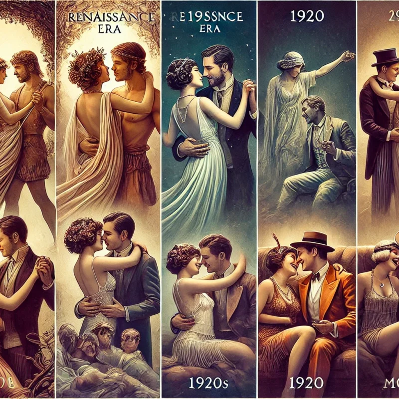 couples engaging in playful, intimate moments through the ages