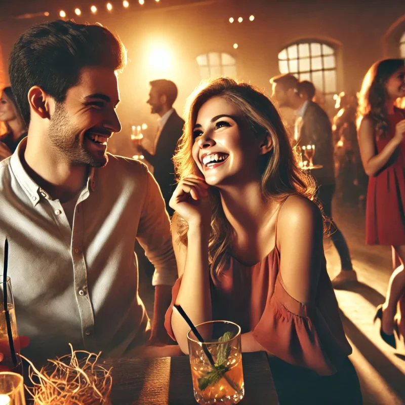 happy couple enjoying themselves at a lively social gathering