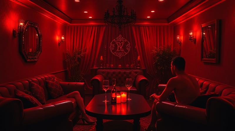 intimate red-lit room ready for swinger party gathering for couples