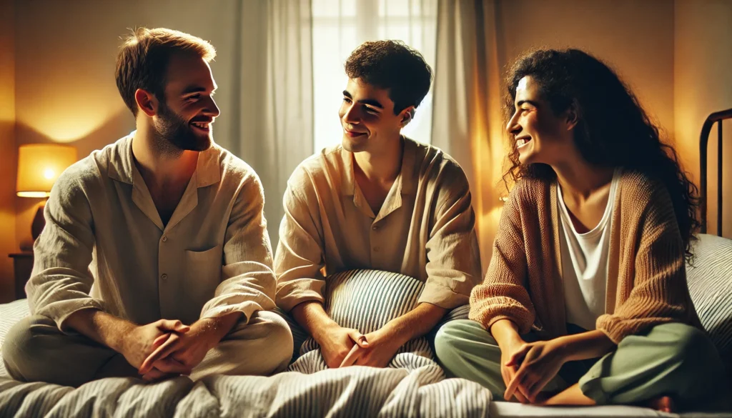 three people enjoying an intimate, relaxed conversation in a cozy setting after a threesome