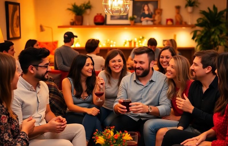 Couples socializing in a cozy living room setting.
