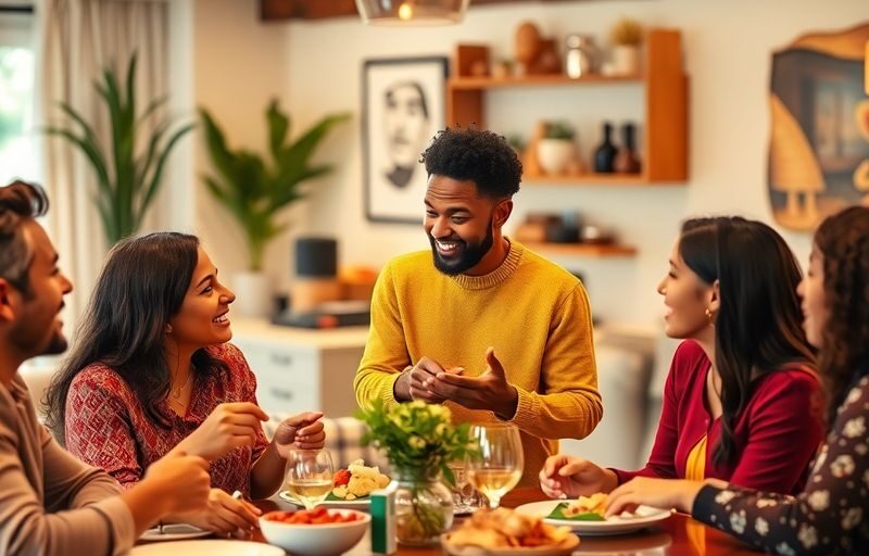 Couples interacting in a lively, open relationship setting.