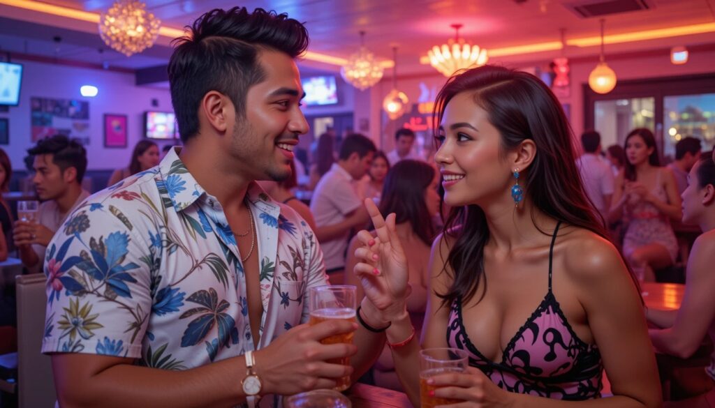 Couples socializing in a lively Honolulu swinger club