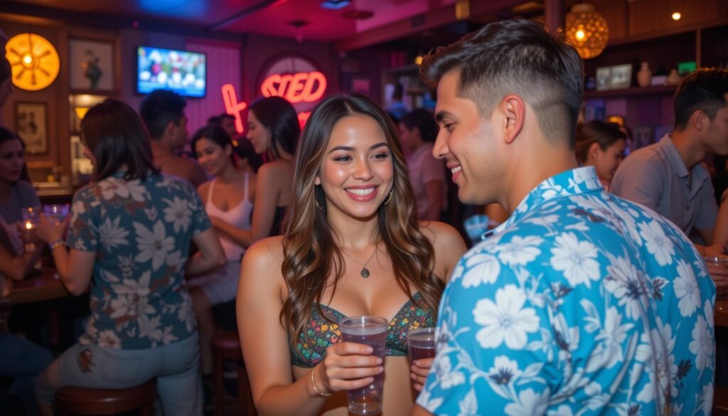 Couples socializing in a lively Honolulu swinger club.