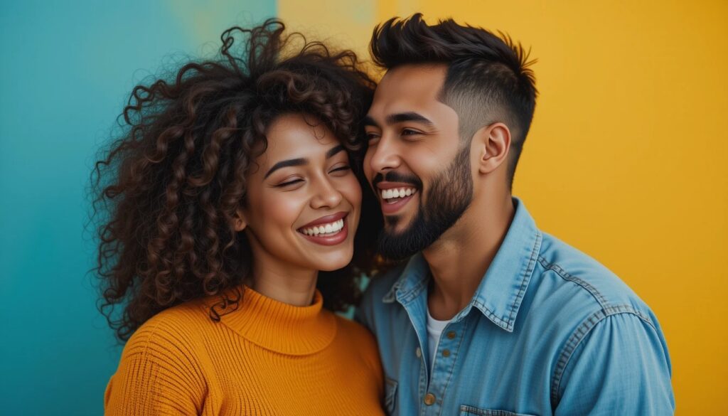 Diverse couple sharing a joyful, intimate moment together