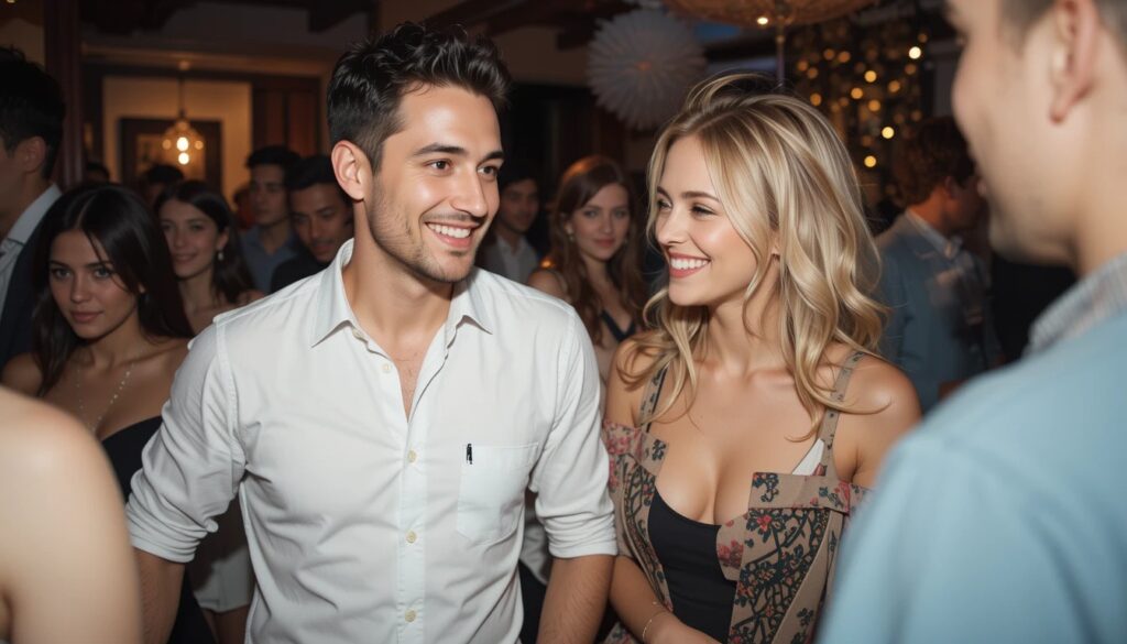 Two couples socializing at a lively gathering