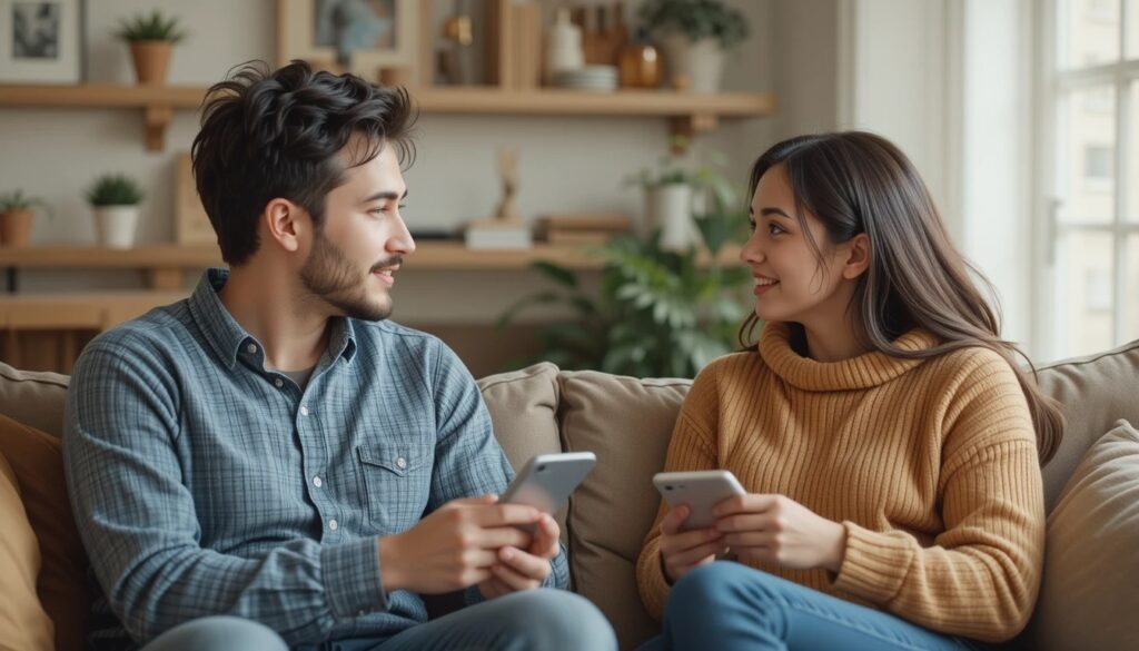 Couple discussing openly in a comfortable, cozy setting