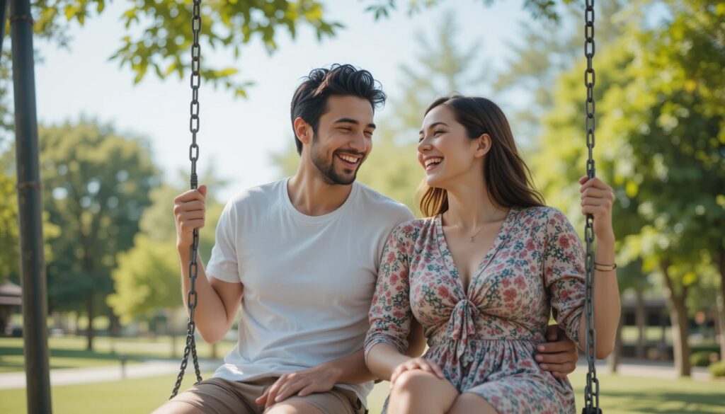 Couple laughing on a swing in a sunny park.