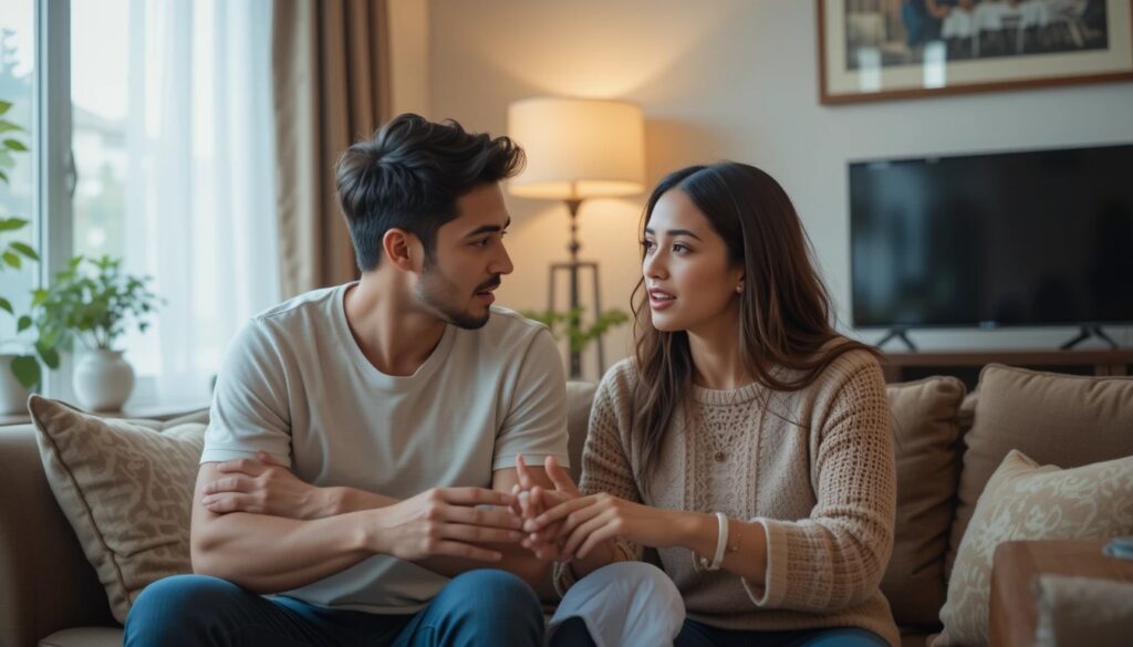 Couple discussing boundaries in a cozy living room