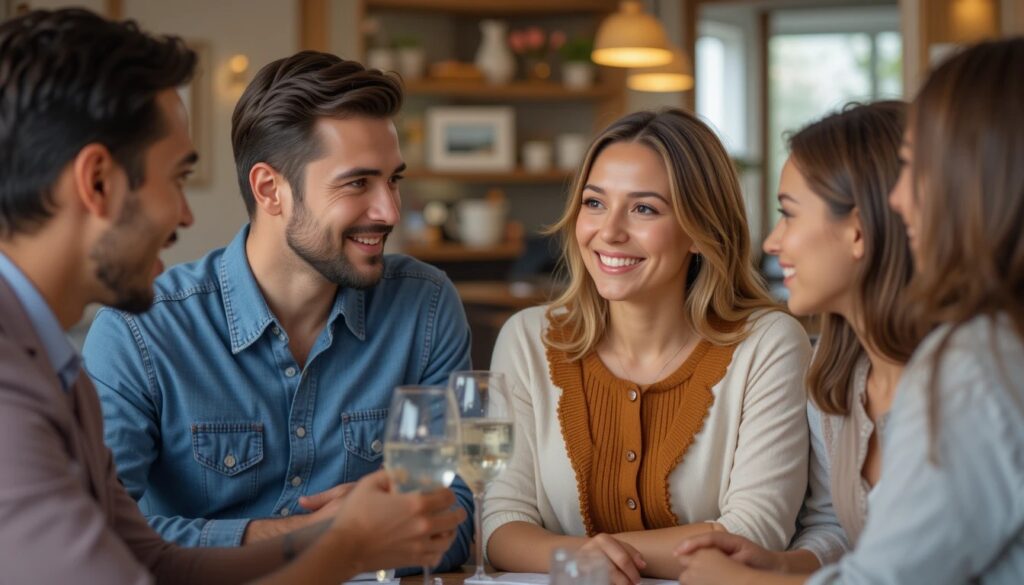 Diverse couples engaged in conversation in a cozy setting