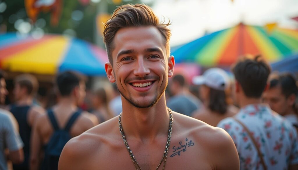 Smiling bisexual man at a colorful outdoor gathering