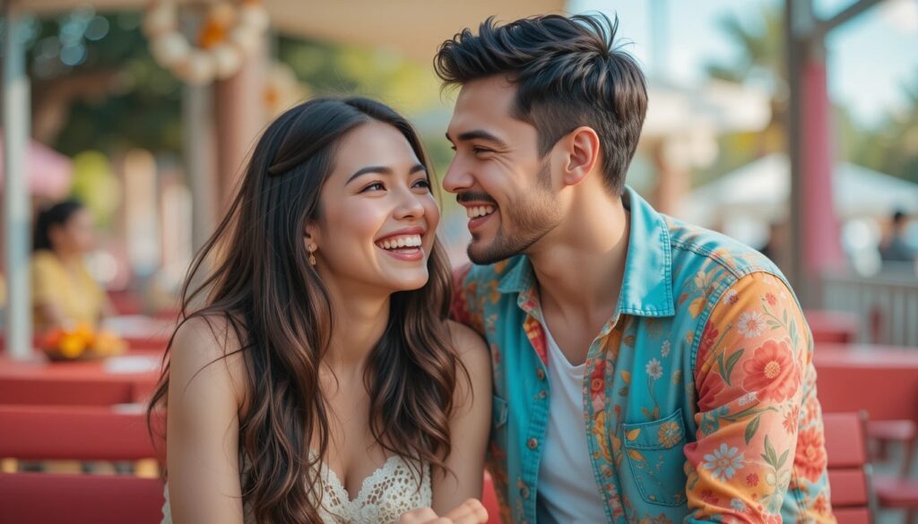 Couple laughing in a vibrant outdoor setting.