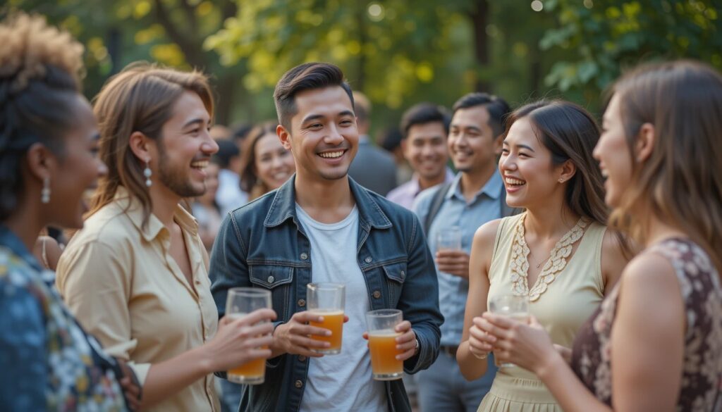 Diverse group enjoying an outdoor gathering, laughing together.
