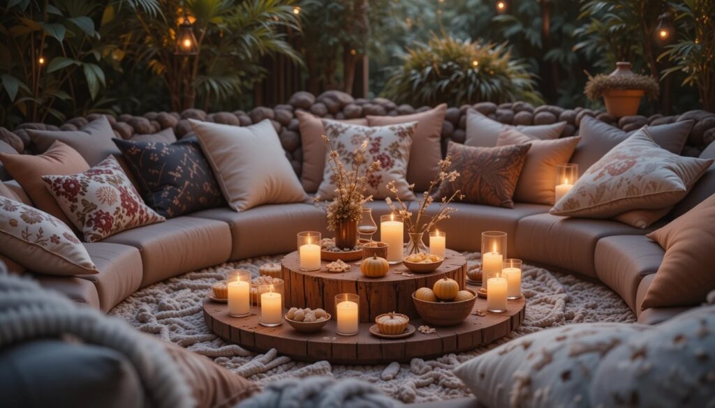 Cozy setup with pillows, candles, and refreshments for gathering.