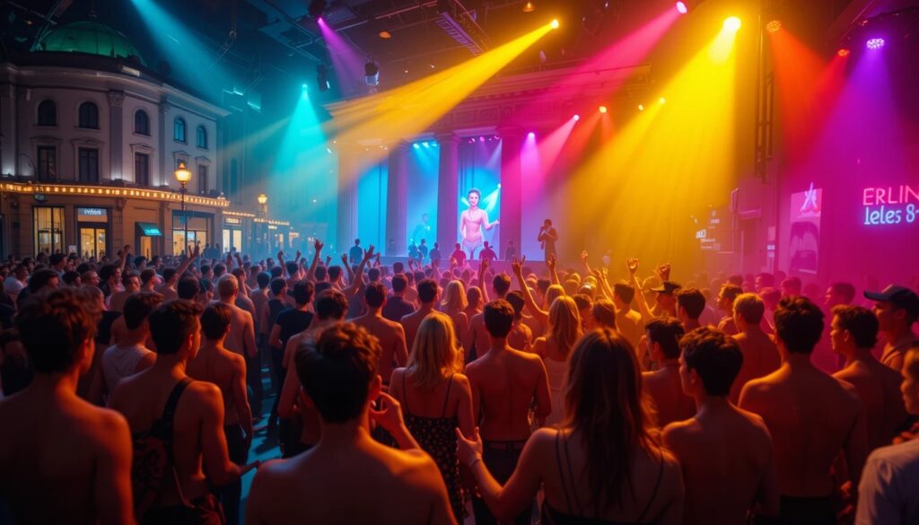 Colorful nightlife in Berlin with lively dancing crowds.
