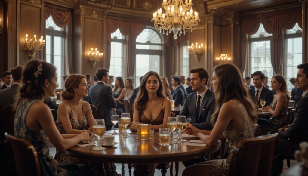 Elegant room with diverse people enjoying intimate conversation.