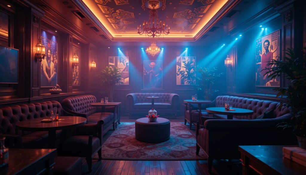 Intimate party space with mood lighting and plush seating