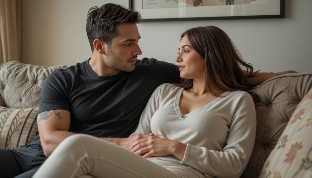 Couple discussing intimacy on a cozy couch.