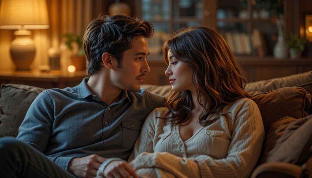 Couple talking intimately on a couch with warm lighting.